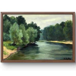 Pintura al óleo paisaje original, pintura sobre cartón, paisaje de río, arte hecho a mano, naturaleza, sin marco, paisaje de árboles, arte de pared