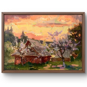 Pintura a óleo paisagem original, pintura em papelão, paisagem de aldeia, arte artesanal, natureza, sem moldura, paisagem noturna, arte de parede