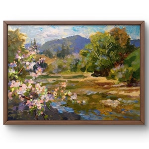 Pintura a óleo paisagem original, pintura em papelão, paisagem de rio, arte artesanal, natureza, sem moldura, paisagem de floresta, arte de parede