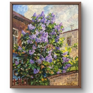 Pintura al óleo original de paisaje, pintura al óleo sobre cartón, arbusto de lilas en flor contra el fondo de una casa antigua, arte hecho a mano