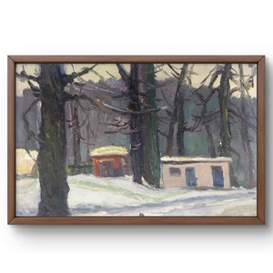 Pintura al óleo paisaje original, pintura al óleo sobre cartón, día de invierno en el bosque en las afueras con pequeñas casas, hecho a mano, sin marco