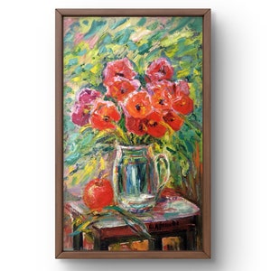 Pintura a óleo natureza morta pintura a óleo original sobre papelão flores vermelhas arte artesanal natureza sem moldura cinza marrom mesa natureza morta arte de parede