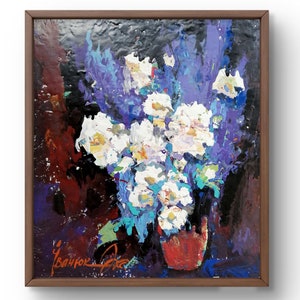 Oil painting still life original oil painting a striking bouquet of white flowers against a deep, moody background handmade art unframed