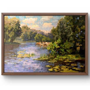 Pintura a óleo paisagem original, pintura em papelão, paisagem de rio, arte artesanal, natureza, sem moldura, paisagem de floresta, arte de parede