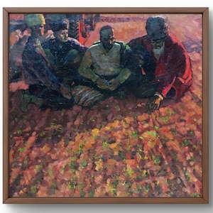 Pintura al óleo realismo social original, pintura al óleo, un grupo de figuras sentadas juntas, inmersas en una atmósfera cálida, arte hecho a mano, enmarcado