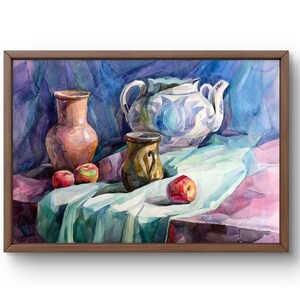 Dipinto ad acquerello natura morta dipinto ad acquerello originale su carta composizione di vasi, teiera e mele arte fatta a mano senza cornice