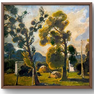 Pintura al óleo paisaje original, pintura al óleo sobre cartón, prado verde y árboles, almiares, día soleado, arte hecho a mano, sin marco, arte de pared