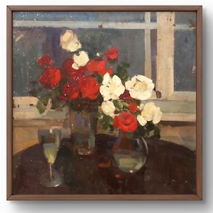 Pintura a óleo natureza morta original, pintura a óleo sobre papelão, natureza morta com flores vermelhas e brancas em um vaso, arte feita à mão, sem moldura