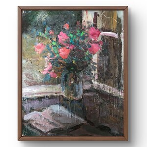 Pintura a óleo natureza morta pintura a óleo original sobre papelão flores rosas natureza morta arte artesanal natureza sem moldura marrom mesa parede arte