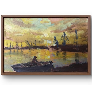 Pintura a óleo paisagem original, pintura em papelão, paisagem de rio, arte artesanal, natureza, sem moldura, paisagem de barco, arte de parede