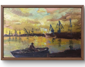 Oil painting landscape original, painting on cardboard, river landscape, handmade art, nature, unframed, boat landscape, wall art