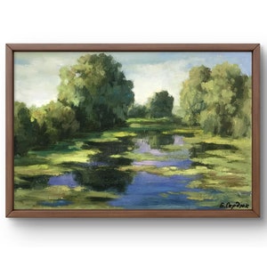 Pintura a óleo paisagem original, pintura em papelão, paisagem de lagoa, arte artesanal, natureza, sem moldura, paisagem de verão, arte de parede