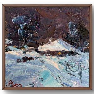 Pintura al óleo paisaje original, pintura sobre cartón, paisaje invernal, arte hecho a mano, naturaleza, sin marco, paisaje de pueblo, arte de pared