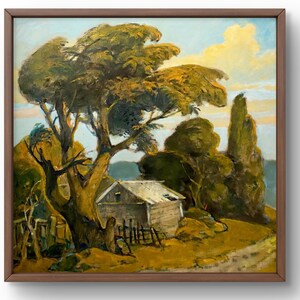 Pintura a óleo paisagem original, pintura a óleo sobre papelão, casa sob árvores, céu e natureza verde, arte feita à mão, sem moldura, arte de parede