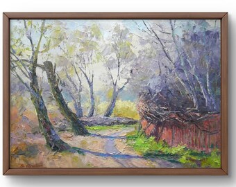 オリジナル油絵「森の小道、晴れた緑の風景」 - Etsy 日本