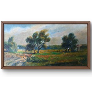 Pintura a óleo paisagem original, pintura em papelão, árvores paisagem, arte artesanal, natureza, sem moldura, paisagem de campo, arte de parede