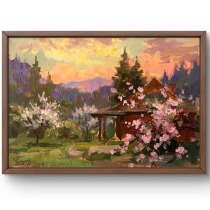 Pintura a óleo paisagem original, pintura em papelão, paisagem de aldeia, arte artesanal, natureza, sem moldura, paisagem noturna, arte de parede
