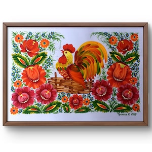 Ritratto dipinto acrilico originale, dipinto su carta, ritratto di animali, arte fatta a mano, natura, senza cornice, ritratto di gallo, arte murale