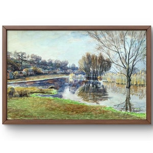 Dipinto ad acquerello paesaggio originale, dipinto su carta, paesaggio fluviale, arte fatta a mano, natura, senza cornice, paesaggio di alberi, arte murale