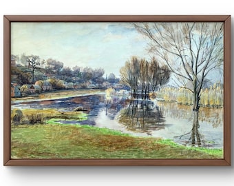 水彩風景画オリジナル、紙に描いた絵画、川の風景、手作りアート、自然