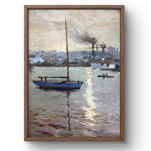 Pintura al óleo original de paisaje, pintura al óleo sobre cartón, barco en aguas tranquilas cerca del puerto industrial, arte hecho a mano, sin marco, arte de pared