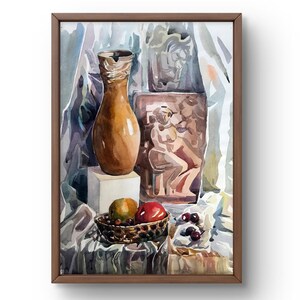 Dipinto ad acquerello natura morta dipinto ad acquerello originale su carta disposizione di vaso in ceramica e rilievo scultoreo arte fatta a mano senza cornice