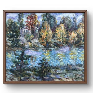 Pintura a óleo paisagem pintura a óleo original em papelão outono rio azul paisagem artesanal arte natureza emoldurada floresta amarela arte de parede