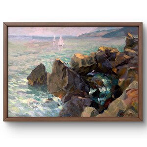 Pintura al óleo paisaje original, pintura sobre cartón, paisaje marino, arte hecho a mano, naturaleza, sin marco, paisaje de rocas, arte de pared, decoración de pared