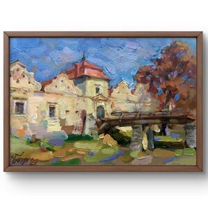 Pintura al óleo paisaje original, pintura sobre cartón, paisaje de castillo, arte hecho a mano, naturaleza, sin marco, paisaje de ciudad, arte de pared