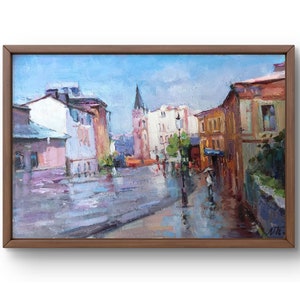 Pintura al óleo paisaje original, pintura sobre cartón, paisaje de ciudad, arte hecho a mano, naturaleza, sin marco, paisaje de casas, arte de pared