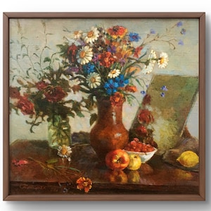 Oil painting still life original, oil painting on canvas, still life with flowers in a clay vase, fruits and berries, handmade art, framed