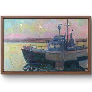 Pintura a óleo paisagem original, pintura em papelão, paisagem marinha, arte artesanal, natureza, sem moldura, paisagem de barcos, arte de parede