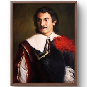 Oil painting portrait original, painting on canvas, musketeer portrait, handmade art, interior, unframed, history scene, wall art