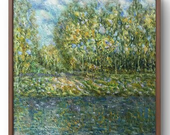 Landschap olieverfschilderij origineel olieverfschilderij op canvas lente rivier blauw landschap handgemaakte kunst natuur ingelijst groen bos kunst aan de muur