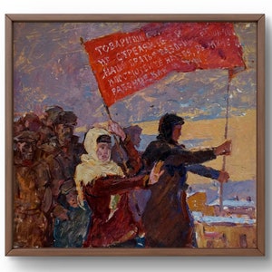Pintura al óleo realismo social original, pintura al óleo sobre cartón, manifestación de protesta, gente con una bandera roja, arte hecho a mano, sin marco