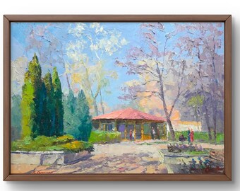 Oil painting landscape original oil painting on canvas summer scene rustic life handmade art nature unframed green forest park wall art