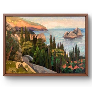 Pintura al óleo paisaje original, pintura sobre cartón, paisaje marino, arte hecho a mano, naturaleza, paisaje de verano sin marco, arte de pared, decoración de pared