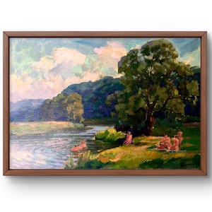 Pintura al óleo paisaje original, pintura al óleo sobre cartón, paisaje de río de verano, arte hecho a mano, naturaleza sin marco, paisaje de río, arte de pared