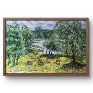 Oil painting landscape original oil painting on canvas summer green forest landscape handmade art nature framed white cloudy