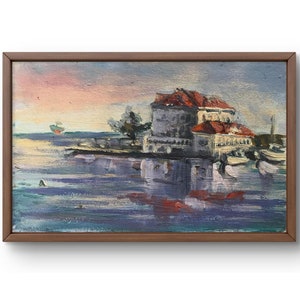 Pintura al óleo paisaje original, pintura sobre cartón, paisaje de río, arte hecho a mano, naturaleza, sin marco, paisaje de cabaña, arte de pared