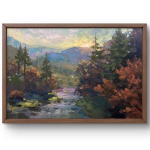 Pintura a óleo paisagem original, pintura em papelão, paisagem de montanhas, arte artesanal, natureza, sem moldura, paisagem de outono, arte de parede