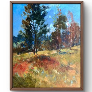 Pintura al óleo paisaje original, pintura sobre cartón, paisaje de otoño, arte hecho a mano, naturaleza, sin marco, paisaje de prados, arte de pared