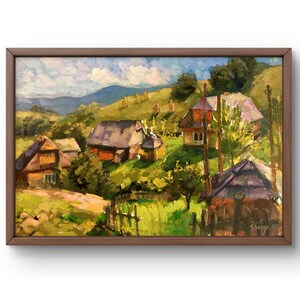 Pintura al óleo paisaje original, pintura sobre cartón, paisaje de montaña, arte hecho a mano, naturaleza, sin marco, paisaje de pueblo, arte de pared