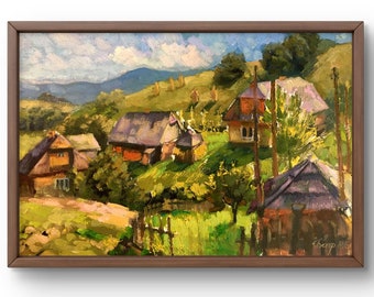 Oil painting landscape original, painting on cardboard, mountains landscape, handmade art, nature, unframed, village landscape, wall art