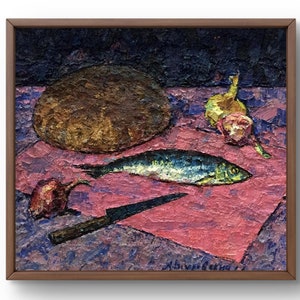 Pintura a óleo natureza morta original, pintura a óleo sobre papelão, pão, peixe, cebola e faca em estilo rústico, arte artesanal, emoldurada, arte de parede