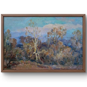 Pintura al óleo paisaje original, pintura al óleo sobre cartón, paisaje otoñal con árboles en tonos cálidos, arte hecho a mano, sin marco, arte de pared