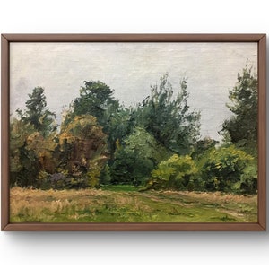 Pintura a óleo paisagem original, pintura a óleo sobre papelão, paisagem com vegetação densa e céu cinza, arte feita à mão, sem moldura, arte de parede