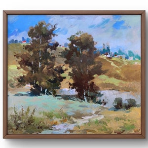 Pintura al óleo paisaje original, pintura sobre cartón, paisaje de verano, arte hecho a mano, naturaleza, sin marco, paisaje de bosque verde, arte de pared