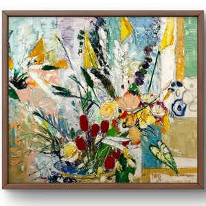 Oil painting still life original, oil painting on canvas, bright bouquet of flowers with abstract elements, handmade art, framed, wall art