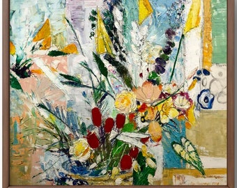 Origineel olieverfschilderij stilleven, olieverfschilderij op canvas, helder boeket bloemen met abstracte elementen, handgemaakte kunst, ingelijst, muurkunst